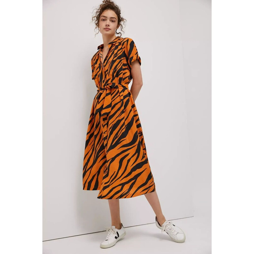 Maeve by Anthropologie Tereza Midi Shirt Dress In Tiger Animal Print Orange XS P - Picture 2 of 14